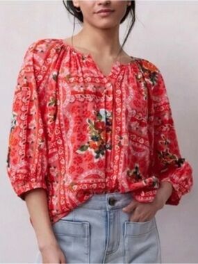 LC Lauren Conrad Bohemian Balloon Sleeve Button Front Blouse Top L